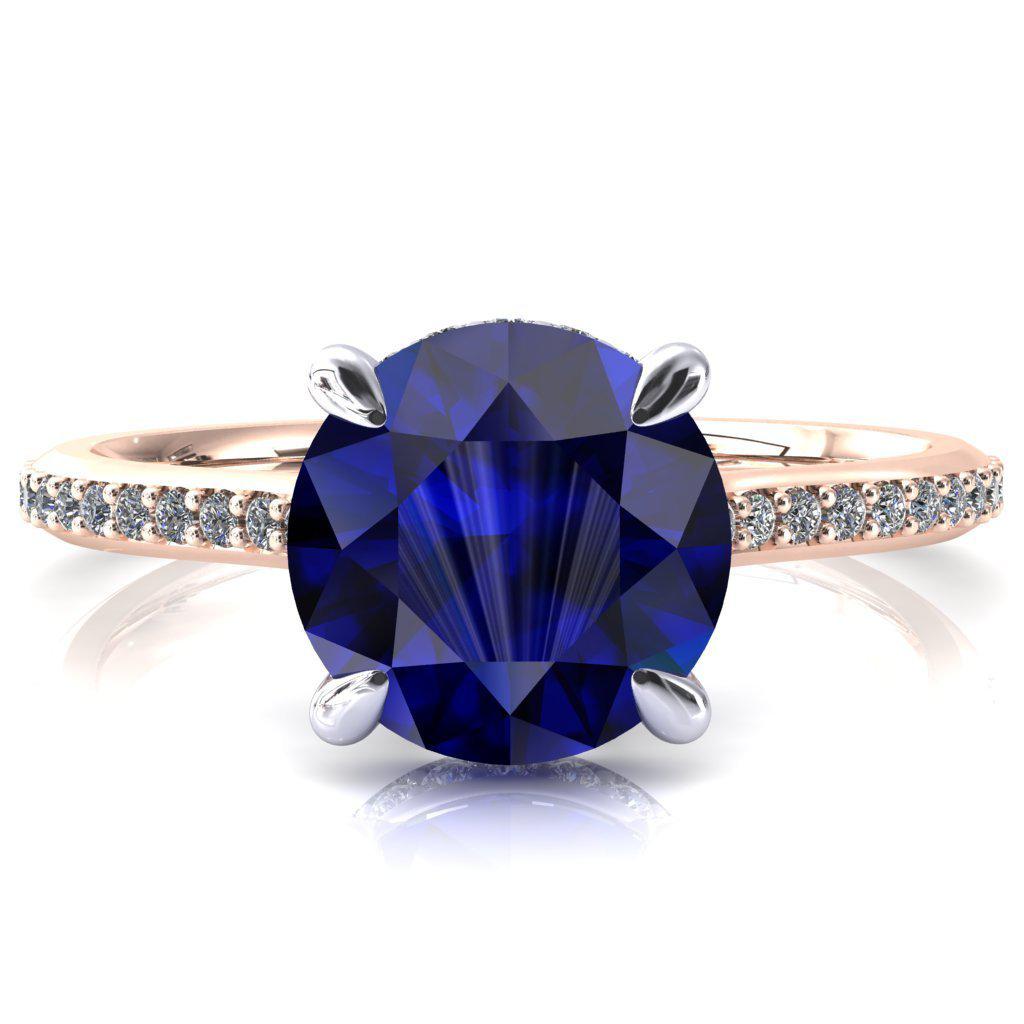 Kiki Round Blue Sapphire 4 Prongs Claw Floating Halo 1/2 Pinpoint Inverted Cathedral Ring-FIRE & BRILLIANCE