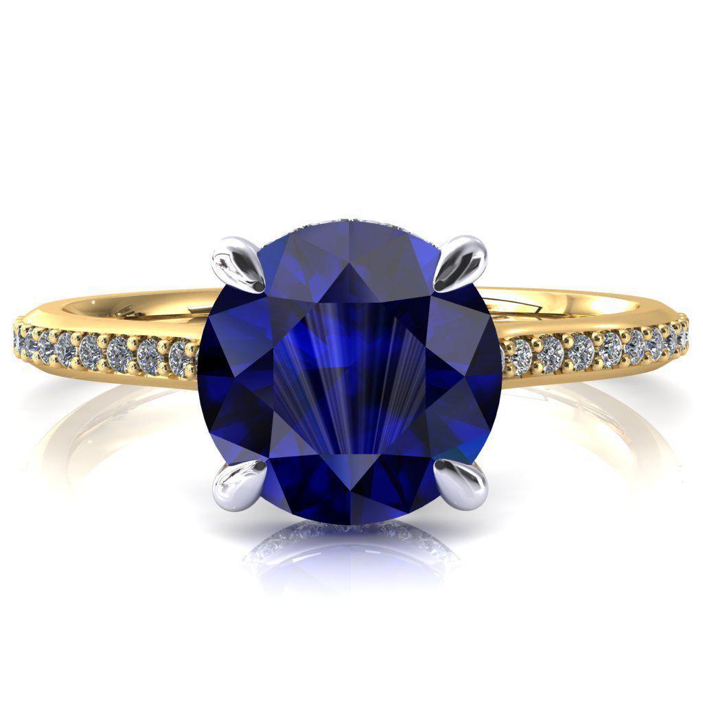 Kiki Round Blue Sapphire 4 Prongs Claw Floating Halo 1/2 Pinpoint Inverted Cathedral Ring-FIRE & BRILLIANCE