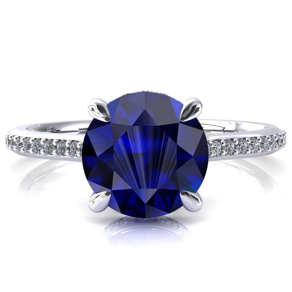 Kiki Round Blue Sapphire 4 Prongs Claw Floating Halo 1/2 Pinpoint Inverted Cathedral Ring-FIRE & BRILLIANCE