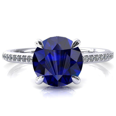 Kiki Round Blue Sapphire 4 Prongs Claw Floating Halo 1/2 Pinpoint Inverted Cathedral Ring-FIRE & BRILLIANCE