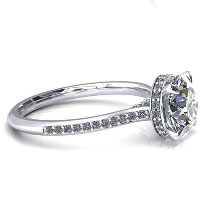 Kiki Round Moissanite 4 Prongs Claw Floating Halo 1/2 Pinpoint Inverted Cathedral Ring-FIRE & BRILLIANCE