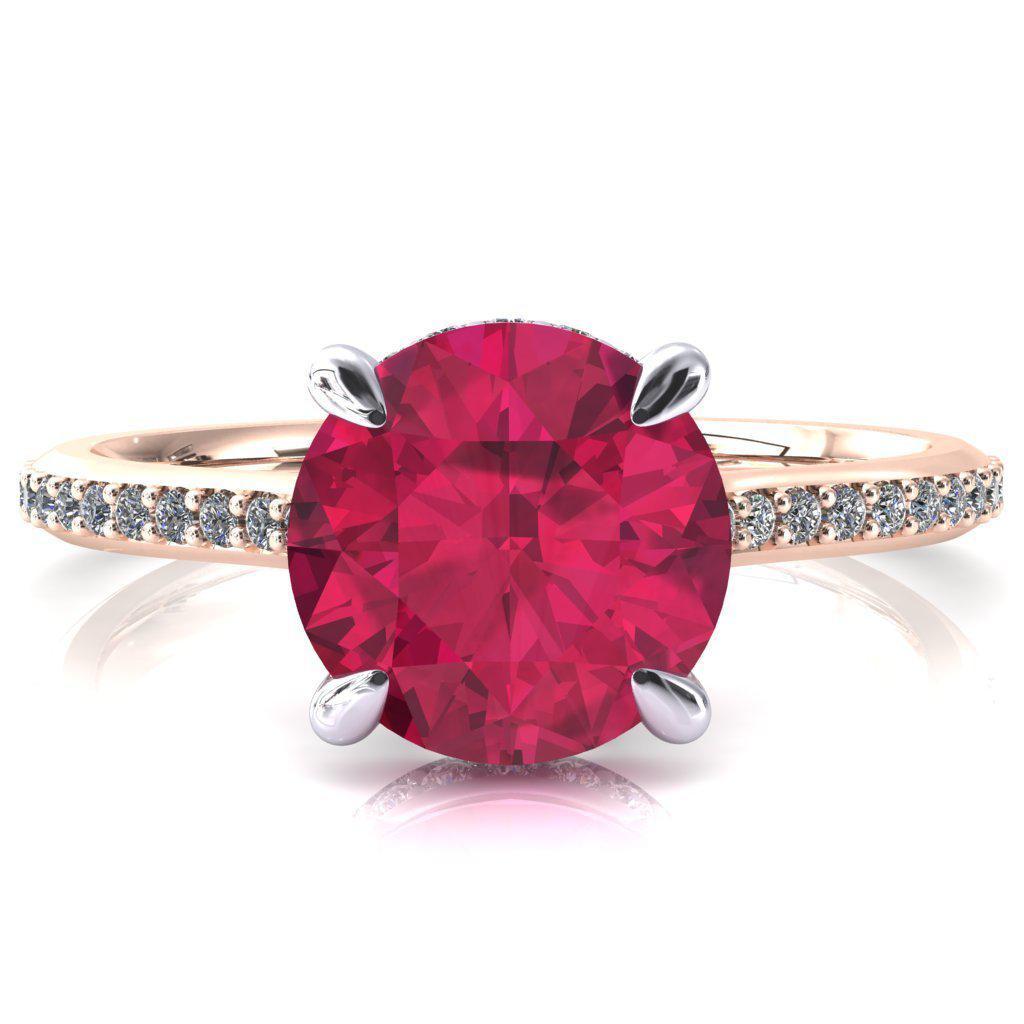 Kiki Round Ruby 4 Prongs Claw Floating Halo 1/2 Pinpoint Inverted Cathedral Ring-FIRE & BRILLIANCE