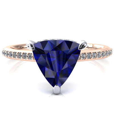 Kiki Trillion Blue Sapphire 3 Prongs Claw Floating Halo 1/2 Pinpoint Inverted Cathedral Ring-FIRE & BRILLIANCE