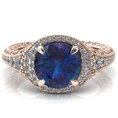 Kylee Round Alexandrite Accent Diamond Milgrain and Filigree Design 4 Prong Engagement Ring-Custom-Made Jewelry-Fire & Brilliance ®