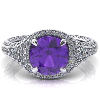 Kylee Round Amethyst Accent Diamond Milgrain and Filigree Design 4 Prong Engagement Ring-Custom-Made Jewelry-Fire & Brilliance ®