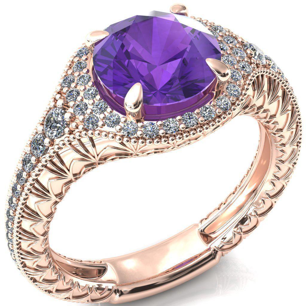 Kylee Round Amethyst Accent Diamond Milgrain and Filigree Design 4 Prong Engagement Ring-Custom-Made Jewelry-Fire & Brilliance ®