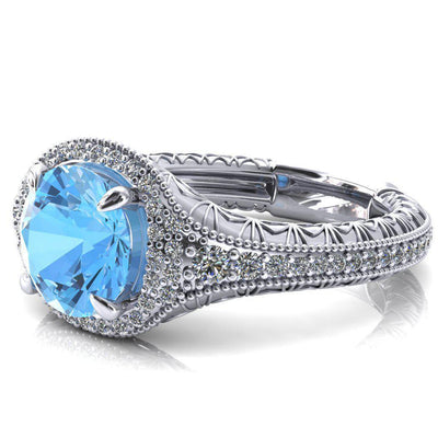 Kylee Round Aqua Blue Spinel Accent Diamond Milgrain and Filigree Design 4 Prong Engagement Ring-Custom-Made Jewelry-Fire & Brilliance ®