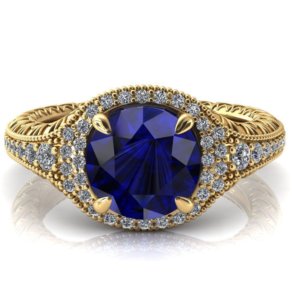 Kylee Round Blue Sapphire Accent Diamond Milgrain and Filigree Design 4 Prong Engagement Ring-Custom-Made Jewelry-Fire & Brilliance ®