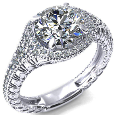 Kylee Round Moissanite Accent Diamond Milgrain and Filigree Design 4 Prong Engagement Ring-Custom-Made Jewelry-Fire & Brilliance ®