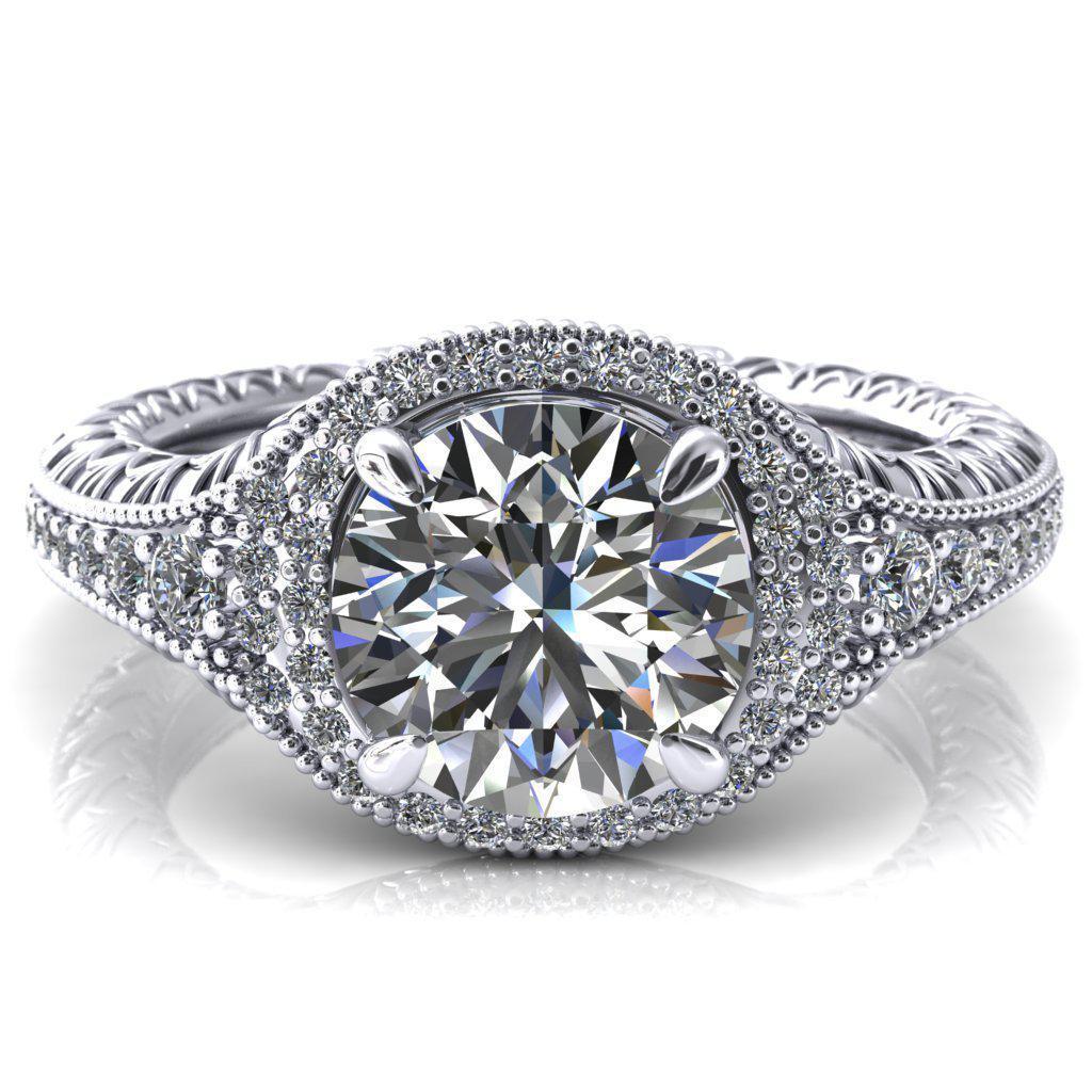 Kylee Round Moissanite Accent Diamond Milgrain and Filigree Design 4 Prong Engagement Ring-Custom-Made Jewelry-Fire & Brilliance ®