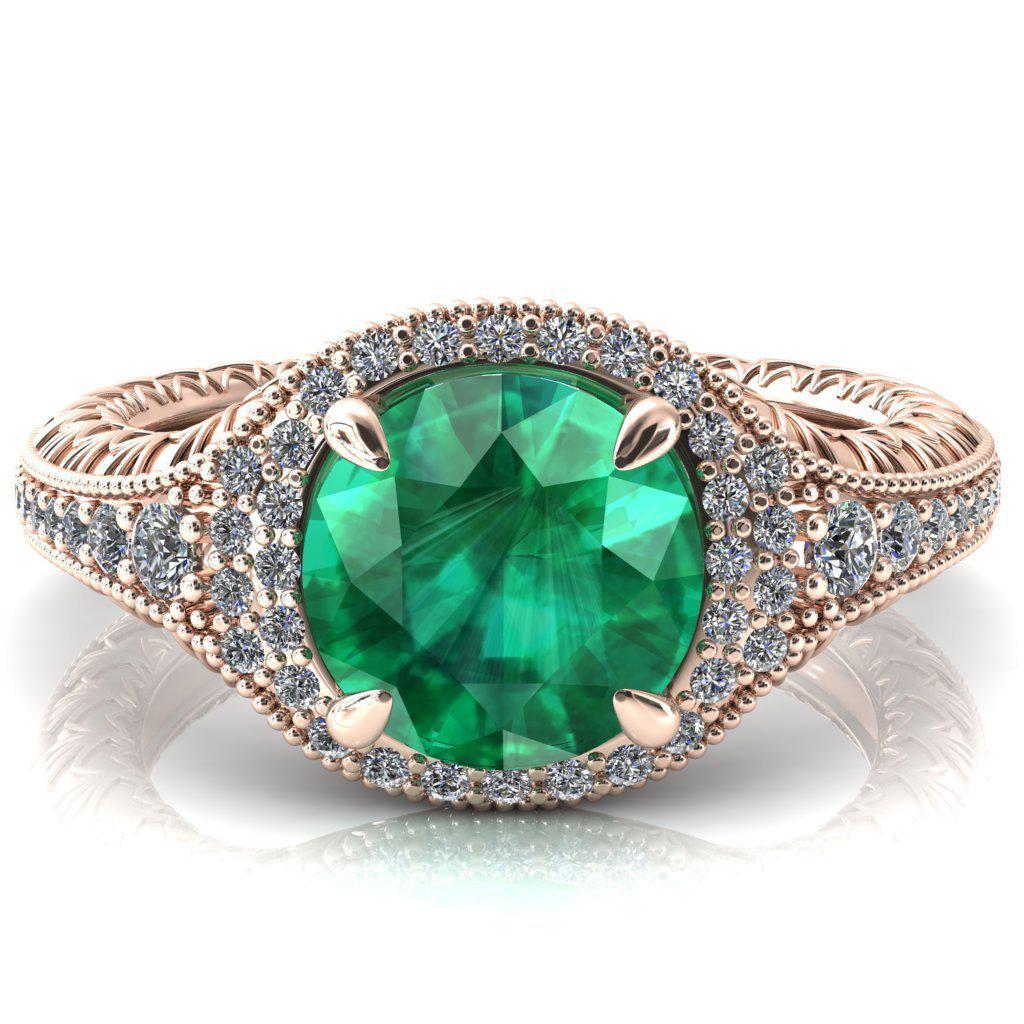 Kylee Round Emerald Accent Diamond Milgrain and Filigree Design 4 Prong Engagement Ring-Custom-Made Jewelry-Fire & Brilliance ®
