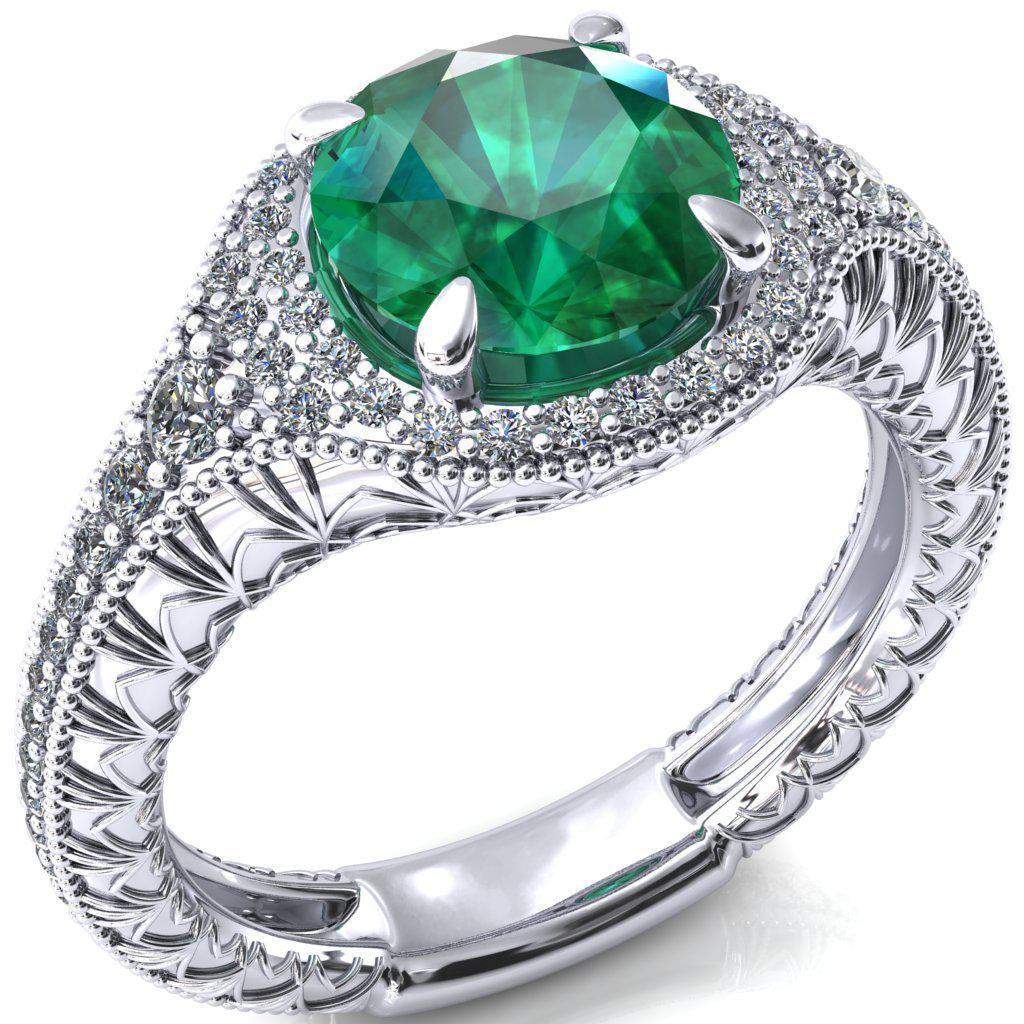 Kylee Round Emerald Accent Diamond Milgrain and Filigree Design 4 Prong Engagement Ring-Custom-Made Jewelry-Fire & Brilliance ®