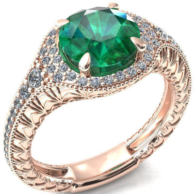 Kylee Round Emerald Accent Diamond Milgrain and Filigree Design 4 Prong Engagement Ring-Custom-Made Jewelry-Fire & Brilliance ®