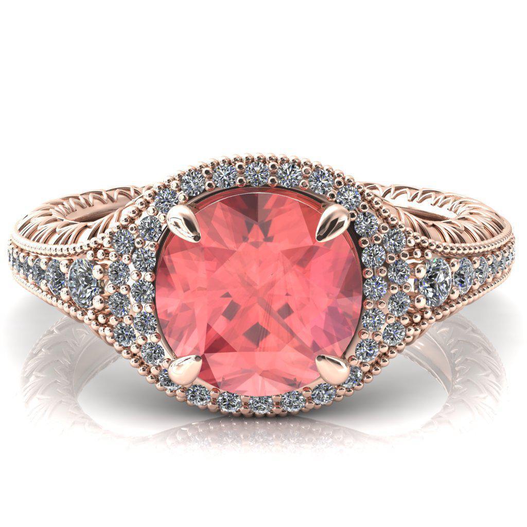 Kylee Round Padparadcha Sapphire Accent Diamond Milgrain and Filigree Design 4 Prong Engagement Ring-Custom-Made Jewelry-Fire & Brilliance ®