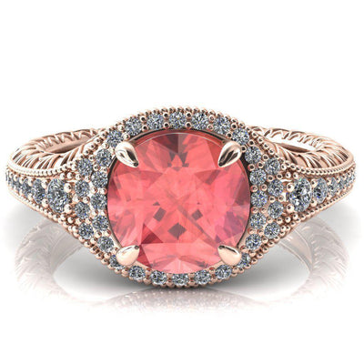 Kylee Round Padparadcha Sapphire Accent Diamond Milgrain and Filigree Design 4 Prong Engagement Ring-Custom-Made Jewelry-Fire & Brilliance ®