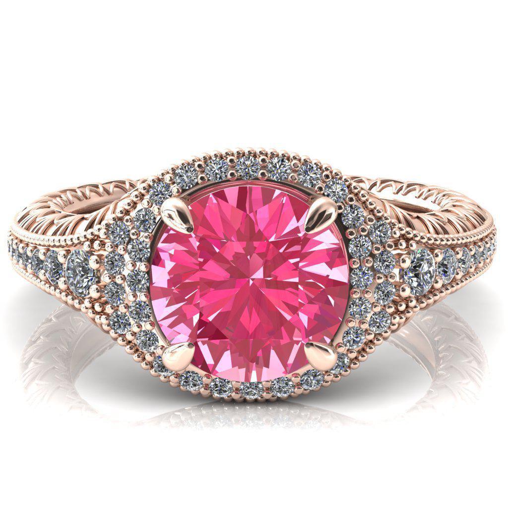 Kylee Round Pink Sapphire Accent Diamond Milgrain and Filigree Design 4 Prong Engagement Ring-Custom-Made Jewelry-Fire & Brilliance ®