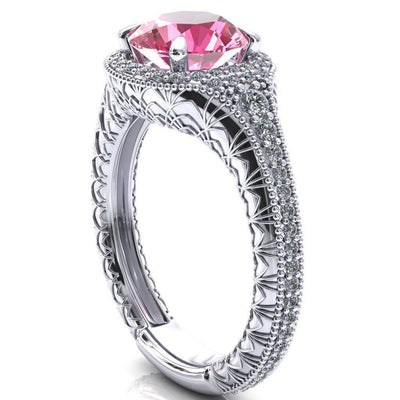 Kylee Round Pink Sapphire Accent Diamond Milgrain and Filigree Design 4 Prong Engagement Ring-Custom-Made Jewelry-Fire & Brilliance ®