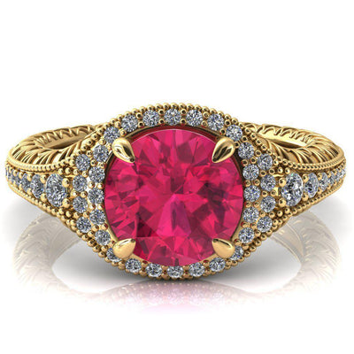 Kylee Round Ruby Accent Diamond Milgrain and Filigree Design 4 Prong Engagement Ring-Custom-Made Jewelry-Fire & Brilliance ®