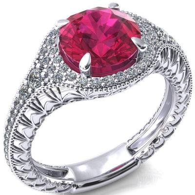 Kylee Round Ruby Accent Diamond Milgrain and Filigree Design 4 Prong Engagement Ring-Custom-Made Jewelry-Fire & Brilliance ®