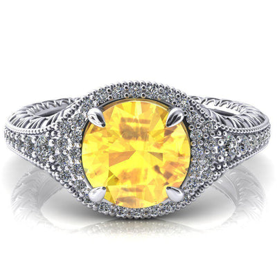 Kylee Round Yellow Sapphire Accent Diamond Milgrain and Filigree Design 4 Prong Engagement Ring-Custom-Made Jewelry-Fire & Brilliance ®