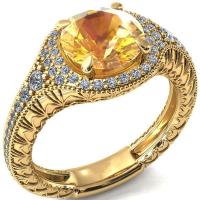 Kylee Round Yellow Sapphire Accent Diamond Milgrain and Filigree Design 4 Prong Engagement Ring-Custom-Made Jewelry-Fire & Brilliance ®