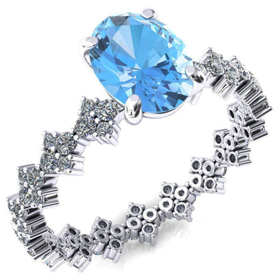 Lacy Oval Aqua Blue Spinel 4 Prong Single Rail Full Eternity Engagement Ring-FIRE & BRILLIANCE