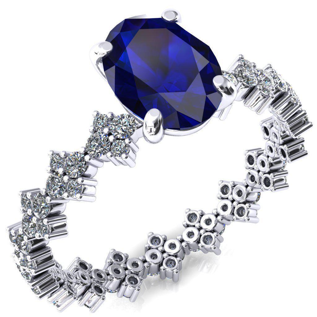 Lacy Oval Blue Sapphire 4 Prong Single Rail Full Eternity Engagement Ring-FIRE & BRILLIANCE