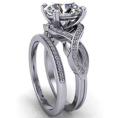 Leah Round Moissanite 4 Prong Lips and Kiss Swirl Diamond Shank Ring-Custom-Made Jewelry-Fire & Brilliance ®