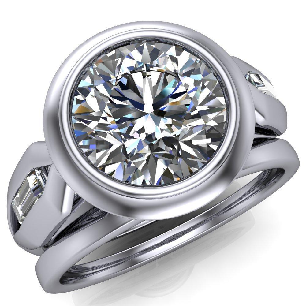 Liberty Round Moissanite Bezel and Baguette Accent Cathedral Ring-Custom-Made Jewelry-Fire & Brilliance ®