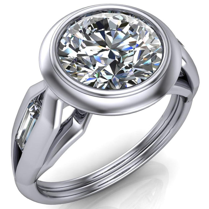 Liberty Round Center Stone Bezel and Baguette Accent Cathedral Ring