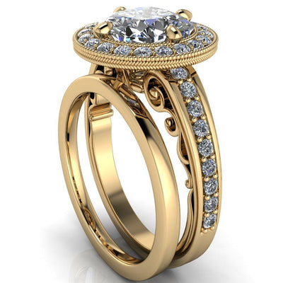 Lidia Cushion Moissanite Filigree Band Intricate Milgrain Rope Halo Design Ring-Custom-Made Jewelry-Fire & Brilliance ®