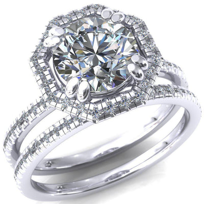 Lighthouse Round Moissanite Octagon Halo 4 Double Prong Engagement Ring-Custom-Made Jewelry-Fire & Brilliance ®