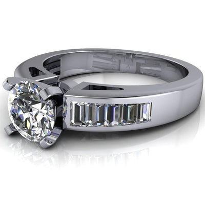 Lissa Round Moissanite 4 Prong Baguette Diamond Shoulder Setting Cathedral Ring-Custom-Made Jewelry-Fire & Brilliance ®