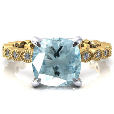 Lizette Cushion Aqua Blue Spinel 4 Claw Prong 3/4 Eternity Milgrain Diamond Shank Engagement Ring-FIRE & BRILLIANCE