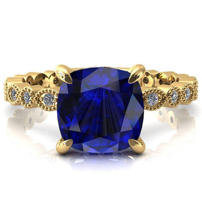 Lizette Cushion Blue Sapphire 4 Claw Prong 3/4 Eternity Milgrain Diamond Shank Engagement Ring-FIRE & BRILLIANCE