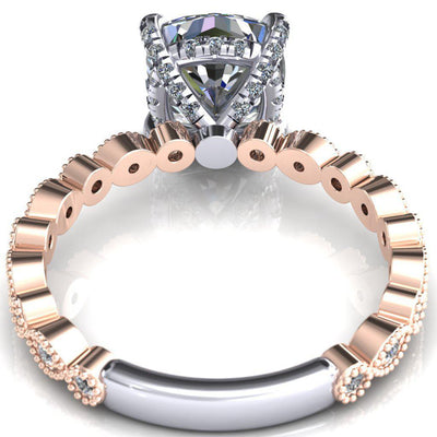 Lizette Cushion Moissanite 4 Claw Prong 3/4 Eternity Milgrain Diamond Shank Engagement Ring-Custom-Made Jewelry-Fire & Brilliance ®