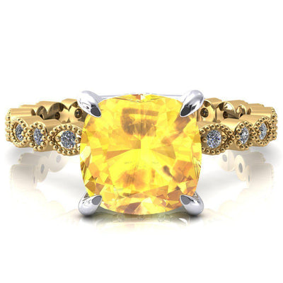 Lizette Cushion Yellow Sapphire 4 Claw Prong 3/4 Eternity Milgrain Diamond Shank Engagement Ring-FIRE & BRILLIANCE