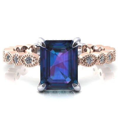 Lizette Emerald Alexandrite 4 Claw Prong 3/4 Eternity Milgrain Diamond Shank Engagement Ring-FIRE & BRILLIANCE