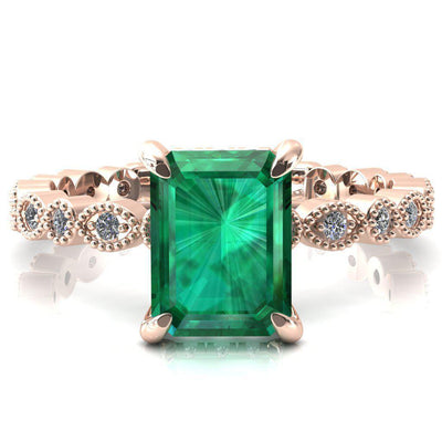 Lizette Emerald Aqua Blue Spinel 4 Claw Prong 3/4 Eternity Milgrain Diamond Shank Engagement Ring-FIRE & BRILLIANCE