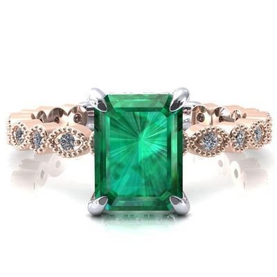 Lizette Emerald Aqua Blue Spinel 4 Claw Prong 3/4 Eternity Milgrain Diamond Shank Engagement Ring-FIRE & BRILLIANCE