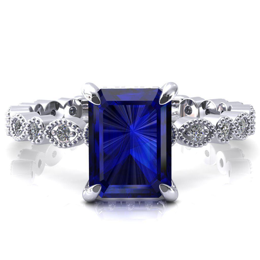 Lizette Emerald Blue Sapphire 4 Claw Prong 3/4 Eternity Milgrain Diamond Shank Engagement Ring-FIRE & BRILLIANCE