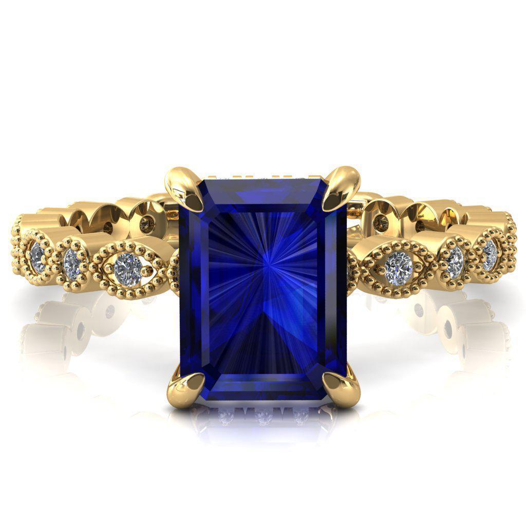 Lizette Emerald Blue Sapphire 4 Claw Prong 3/4 Eternity Milgrain Diamond Shank Engagement Ring-FIRE & BRILLIANCE