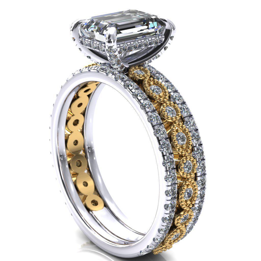 Lizette Emerald Moissanite 4 Claw Prong 3/4 Eternity Milgrain Diamond Shank Engagement Ring-FIRE & BRILLIANCE