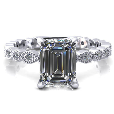 Lizette Emerald Moissanite 4 Claw Prong 3/4 Eternity Milgrain Diamond Shank Engagement Ring-FIRE & BRILLIANCE