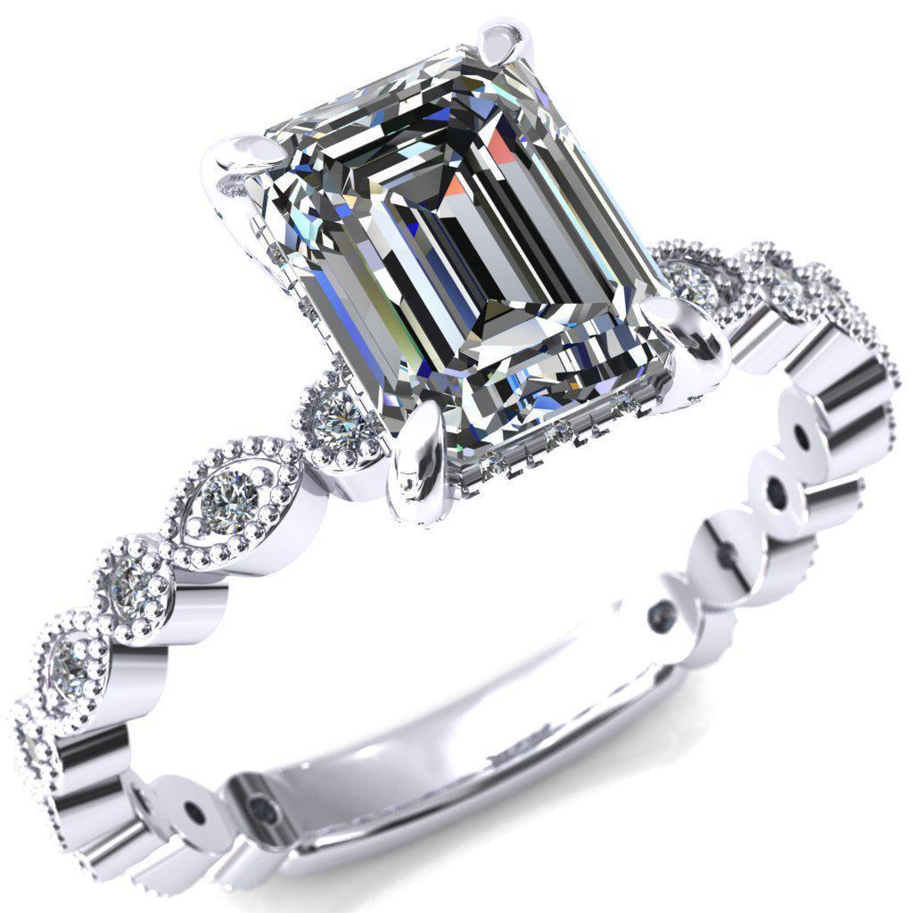 Lizette Emerald Moissanite 4 Claw Prong 3/4 Eternity Milgrain Diamond Shank Engagement Ring-FIRE & BRILLIANCE