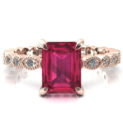 Lizette Emerald Ruby 4 Claw Prong 3/4 Eternity Milgrain Diamond Shank Engagement Ring-FIRE & BRILLIANCE