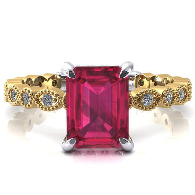 Lizette Emerald Ruby 4 Claw Prong 3/4 Eternity Milgrain Diamond Shank Engagement Ring-FIRE & BRILLIANCE