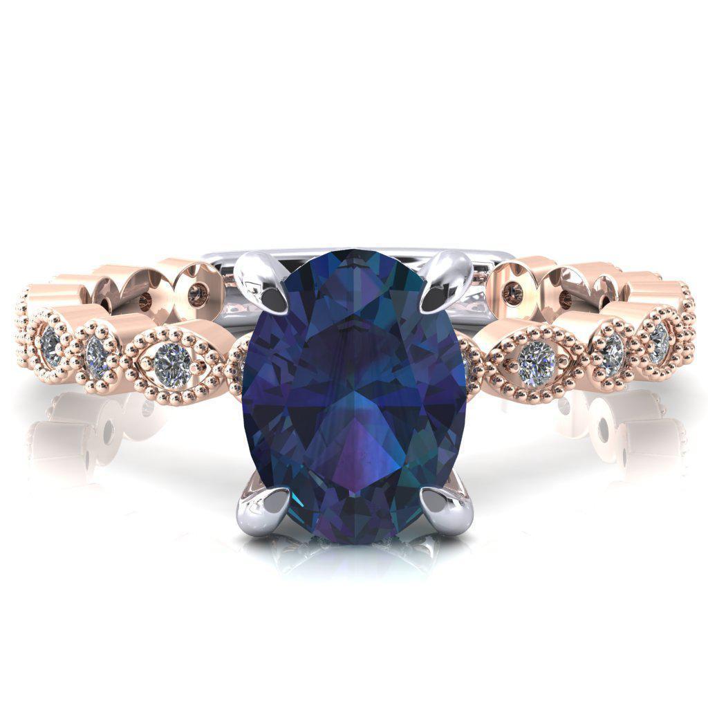 Lizette Oval Alexandrite 4 Claw Prong 3/4 Eternity Milgrain Diamond Shank Engagement Ring-FIRE & BRILLIANCE