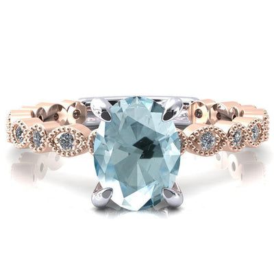 Lizette Oval Aqua Blue Spinel 4 Claw Prong 3/4 Eternity Milgrain Diamond Shank Engagement Ring-FIRE & BRILLIANCE