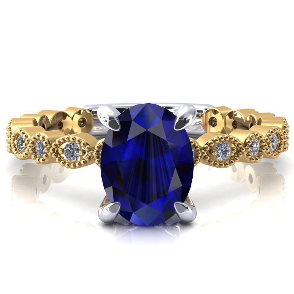 Lizette Oval Blue Sapphire 4 Claw Prong 3/4 Eternity Milgrain Diamond Shank Engagement Ring-FIRE & BRILLIANCE